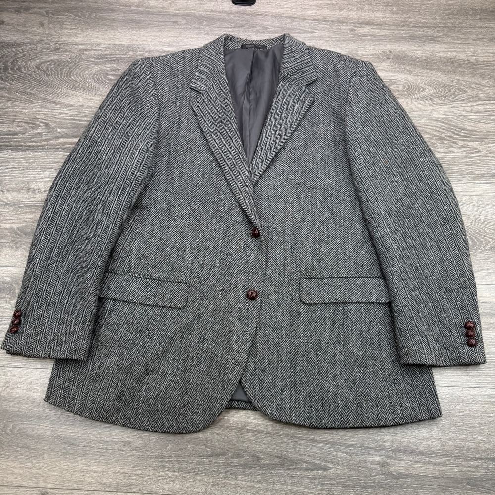 Vintage Harris Tweed Sport Coat Mens 48 Gray Herringbone Handwoven Scottish Wool